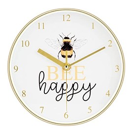 UK-HOME-BARGAINS 20cm BUMBLE BEE Small Round Wall Clock Polished Yellow Gold Effect Be Happy