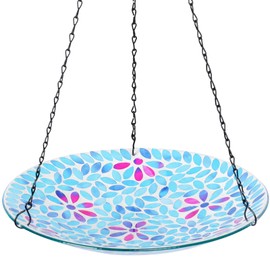 MUMTOP Mosaic Hanging Bird Bath-Bird Baths for Outdoors - 12 Inch Glass Bird Water Bowl Bird Feeders for Outside, Garden, Lawn Yard Decor（Blue）
