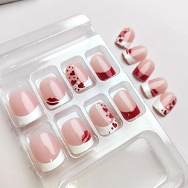 Red Love Heart Kisses Press on Nails Short Square Fake Nails with Glue Red Love Heart Kisses Lip Design White French False Nails Valentines Day Glue on Nails Artificial Stick on Nails for Women Girls