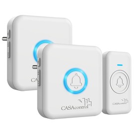 CASAcontrol Wireless Bell Light Signal: Wireless Bell Button & 2 Socket Receivers, 64 Melodies, IP56, White (Wireless Bell with Optical Signal, Electronic Doorbell, Cable)