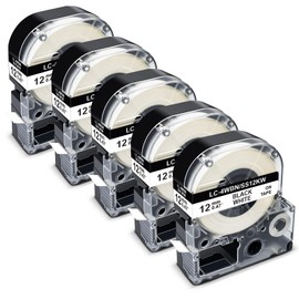 Pristar Replace for Epson Label Maker Tape LK-4WBN 12mm 0.47" Tape LC-4WBN LC 4WBN9 SS12KW LK Tape 1/2" Black on White Label Compatible with Epson LabelWorks LW-400 LW-300 LW-PX400 LW-C610PX, 5-Pack