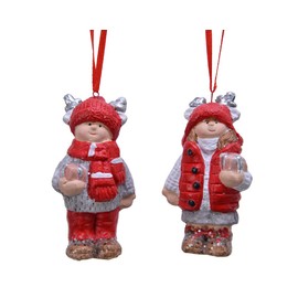 2 x Snow Child Polyresin Hanging Christmas Tree Bauble/Decoration - BOY & GIRL - Red, Grey, White - 8 cm