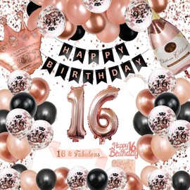 16th Birthday Decorations for Her, Rose Gold & Black Birthday Decorations for Girls - Happy Birthday Banner, Fringe Curtain, Sixteen Birthday Balloons Arch Kit 16th Birthday Supplies