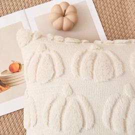 Kevin Textile Fall Pillow Covers 18x18 Inch Set of 2 Soft Pumpkins Decorative Square Pillowcases Plush Autumn Faux Fur Cushions Harvest Gift for Couch Sofa Chair Bedroom Home Decor, Beige