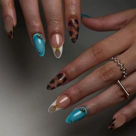 VOTACOS Blue French Tip Press on Nails Almond Medium Acrylic Fake Nails Press Ons with Glue Brown Leopard Print Stick on Nail with Designs Gold Line Beads Artificial Glue on False Nail for Women