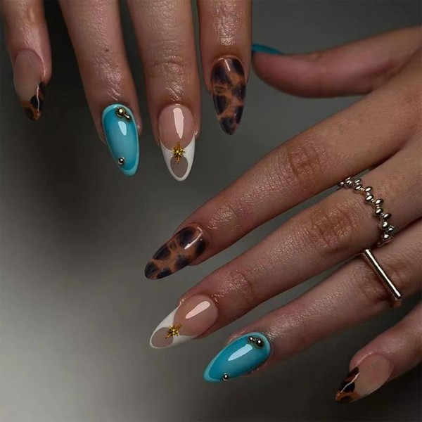 VOTACOS Blue French Tip Press on Nails Almond Medium Acrylic