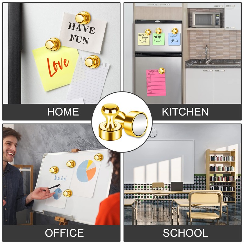 Junarter 12 Pack Magnetic Push Pins, Gold Fridge Magnets, Whiteboard