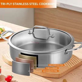 DELARLO Tri-Ply Stainless Steel Saute Pan 6 Quarts Deep Frying Pan, Large Skillet Induction Compatible Jumbo Chef Cooking Pan, Sauté Pan with lid, Dishwasher & Oven Safe