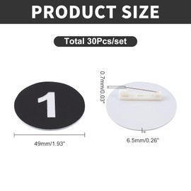 OLYCRAFT 30pcs Plastic Number Tag 49mm Round Number Brooch Black Number Tags with Pins, Label with Number 1-30 Round Number Labels for Backpack Clothes Contestant Sports Events