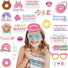 25Pcs Donut Photo Booth Props, DIY Donut Birthday Party Selfie Props, Funny Photo Prop Pack for Girls Birthday Party Wedding Decorations