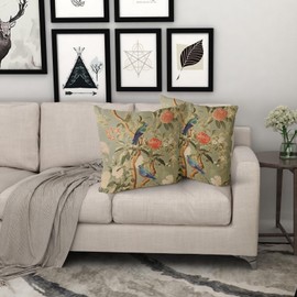 Chinoiserie Pillow Cover 18x18 Inch Brown Vintage Bird Flower Throw Pillow Covers Farmhouse Floral Decorative Pillowcase Outdoor Cotton Square Cushion Cover for Couch Sofa Bedroom Decor (Pack of 2)