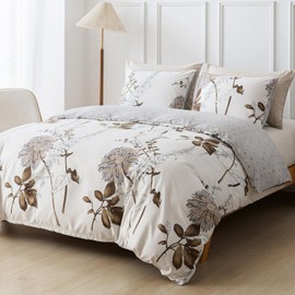 Tokokimo Super King Duvet Cover Set Brown Floral Flowers, Traditional Sunflower Printed Super King Duvet Set (1x White Duvet Cover, 2x Pillowcases) Super King Duvet Cover 260x220 cm, Microfiber