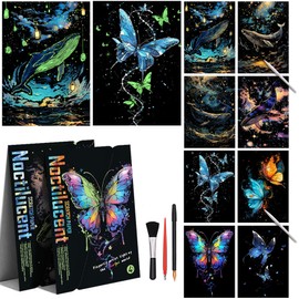 Scratch Paper Art Scratchboard for Adult, Noctilucent Scratch Painting Kits for Adults, Adult Crafts with Scratchboard Tools A4 Rainbow Painting Scratch Paper（Luminous Butterfly&Whale）