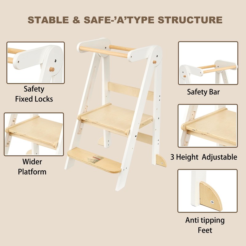Foldable Toddler Tower Preassembled Kitchen Step Stool, Folding Tower for