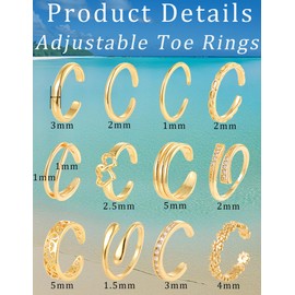 Wrlcorly 12Pcs 14K Gold Filled Toe Rings for Women Simple Open Band Toe Ring Hawaiian Summer Beach Daisy Flower CZ Snake Love Knot Thin Foot Jewelry Set Gold Silver Tone Adjustable