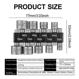 9 Pcs Hexagonal Drill Tool, 5-13mm Hex Shank Magnetic Nut Setter Driver, Hex Drill Bits Tools, Metric Driver Set for Any Brand of Hand Drills,Electric Drills,Electric Screwdrivers and Socket Wrench