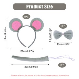 kwinfei Mouse Ears Headband Costume Set for Kids and Adults, Includes Ears Headband, Bow Tie and Tail, Animal Dress Up Accessories for Cosplay, Birthday Party, Carnival, Christmas Fancy Dress