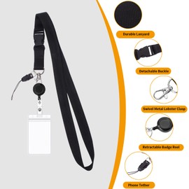 3 Pack Retractable Badge Lanyards and ID Badge Holder, Cruise Lanyard with Detachable Buckle & Vertical/Horizontal Waterproof Clear ID Hoder for Keys, Cards, Offices, Staff, Employees (Black - 3pcs)