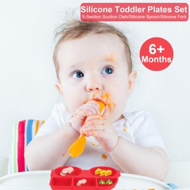 Nalchois Silicone Kid Plate with Suction, Toddler Plates with Spoon & Fork, 100% Food-Grade Silicone Train Style, Non-Slip, Divided Plates for Toddlers & Kids, Dishwasher & Microwave Safe (Red)
