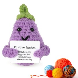 Puedno Funny Positive Eggplant, Knitted Positive Eggplant Doll, 3 inch Inspirational Wool Knitting Eggplant with Positive Card, Lovely Gifts for Friends Birthday Party Decoration