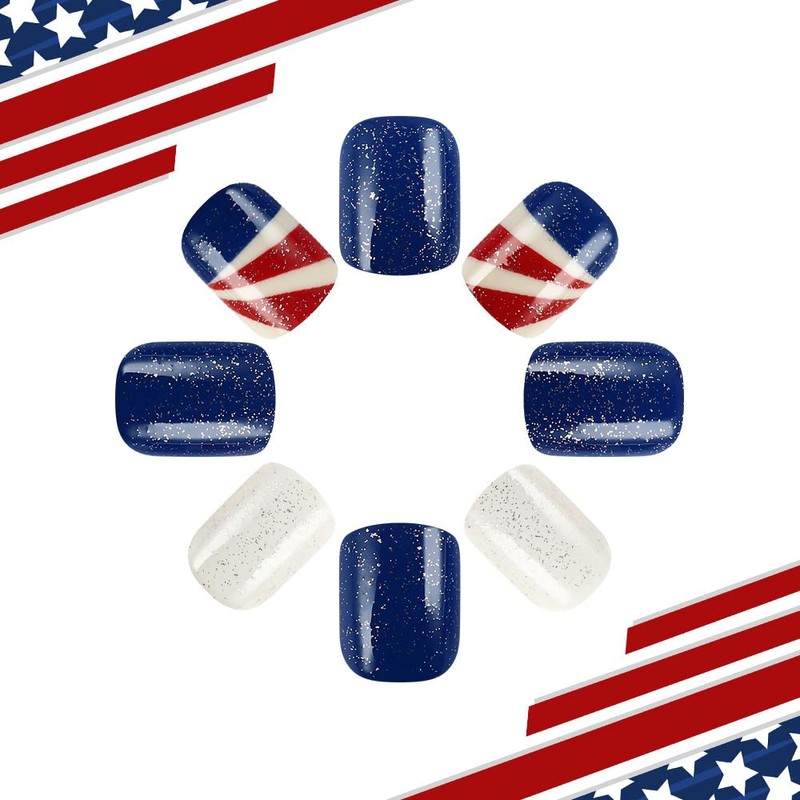 4th of July Press On Nails Short Square Blue Glitter