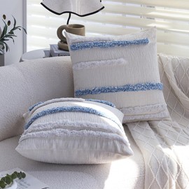 Set of 2 Nordic Style Soft Chenille Pillow Covers 18x18 Inch with Tufted Design for Living Room & Bedroom, Scandinavian Blue & White Stripes Tufting Pillowcase, Modern Home Decor & Kids Room Accent