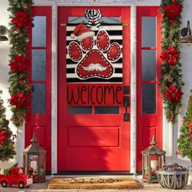 AVOIN colorlife Santa Paw Print Christmas House Flag 28x40 Inch Double Sided Outside, Welcome Stripes Winter Holiday Yard Outdoor Decorative Flag