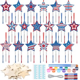 Sheroll 30 Pack Star Wind Chime Kit for Kids DIY Craft Make Your Own Patriotic Star Wooden Wind Bell Decoration for Veterans Day USA Independence Day Art Ornaments Party Activity Supplies