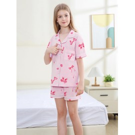 QZH.DUAO 100% Cotton Girls' Pajama Set with Button-Up Short Sleeve Sleepwear Nightwear Loungewear for girl, Pink Bow, 13-14 Years