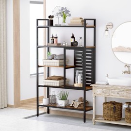 Anivia 5 Tier Bookshelf Tall Industrial Bookcase Wood Metal Frame Standing Book Shelf, Display Bookshelves Storage Organizer for Bedroom Living Room Home Office, Teak/Black