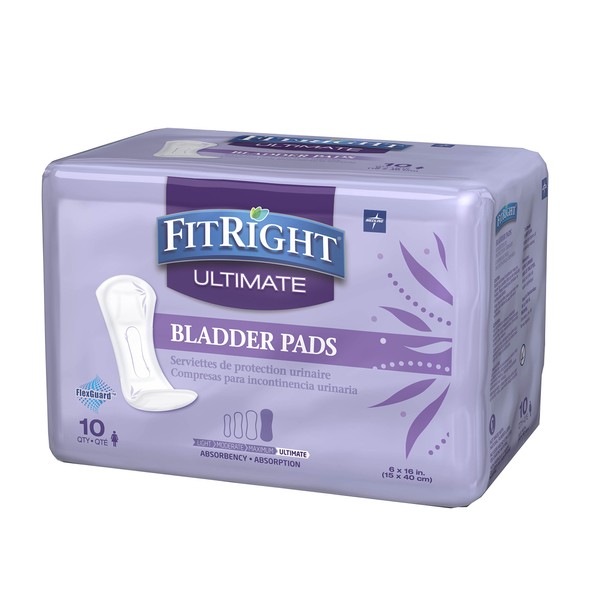 FitRight - Almohadillas de control de vejiga para incontinencia, máxima absorción, 5.5 x 15.7 pulgadas, 10 unidades