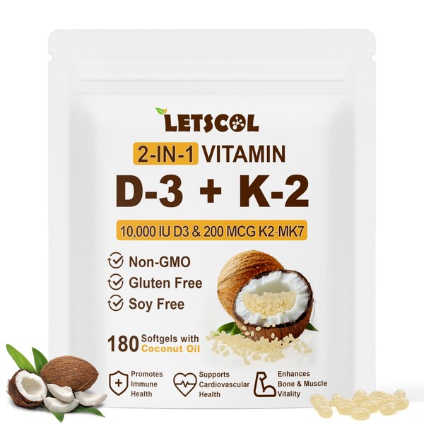 LETSCOL 2-in-1 Vitamin D3 K2 Supplement Softgel, Vitamin D3 10000