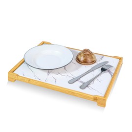 Stone Dish Drying Mat with Bamboo Rack for Kitchen Counter, Super Absorbent Fast Drying Stone Mat, Marble Design, Ideal for Dishes, Cups, and Utensils (White Marble)