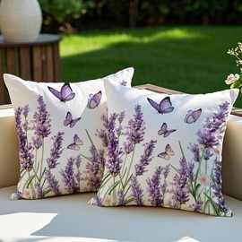 Vorysum Cushion Cover 45 x 45 cm Outdoor Waterproof Double Sided Purple Floral Pattern with Butterflies for Pool Area Garden - Purple 45 x 45 cm Set of 2