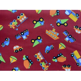 45” Wide 100% Cotton Boats, Cars, Tractors with Red Background