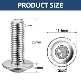 M6-1.0 x 20mm Flanged Button Head Socket Cap Screws Bolts, Stainless Steel 18-8 (304), Full Thread, Allen Socket Drive, 50 PCS