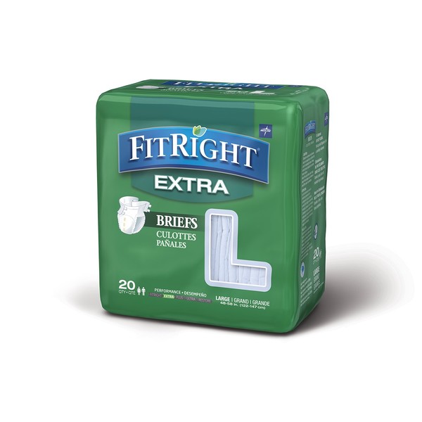 Medline FitRight Extra Adult Briefs with Tabs, Moderate Absorbency, Large, 48"-58", 4 packs of 20 (80 total)