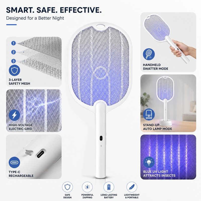 3-in-1 Electric Mosquito Swatter Lamp for Indoor & Outdoor Use