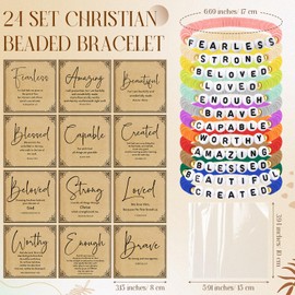 Kenning 24 Set Christian Bracelets Bulk for Women Men Colorful Neutral Stackable Clay Bible Beaded Bracelets with Religious Prayer Card Faith Inspirational Mother's Day Gifts for Church(Bright Color)