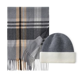 CALVIN & OLIVIA Winter Warm Cuffed Beanie Hats Long Soft Scarf Plaid Tassel Scarf for Men Classic Scarves Gift Set Dark Grey Camel White Plaid