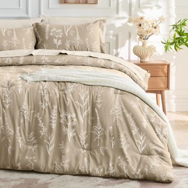 MUXHOMO Taupe Full Comforter Set, Elegant Floral Print Bed in a Bag 7 Pieces, Ultra Soft & Breathable Reversible Botanical Pattern Bedding Set with Comforter, Sheets, Pillowcases, and Shams