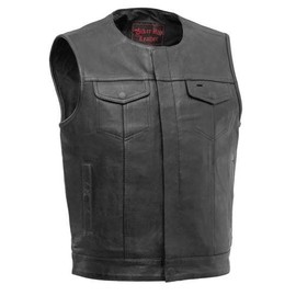 Mens Motorcycle Vest Black Soft Leather Biker Club Vest w/Gun Pockets (4XL, No Collar/Collarless)