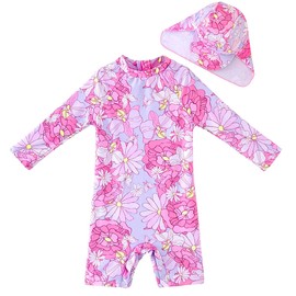 UMELOK Infant Girls Swimwear Sets One Piece Rash Guard Swimsuit with Sun Hat (Pink, Big Floral 3-6 months)