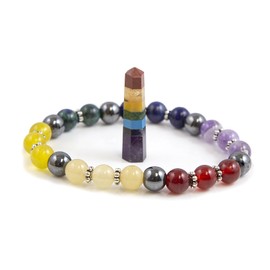 Energy Infused Chakra Kit Feat. Gemstone Bracelet And Crystal Obelisk - Portable Chakra Healing Crystals Set - Red Jasper, Peach Aventurine, Quartz, Green Aventurine, Turquoise, Lapis Lazuli, Amethyst