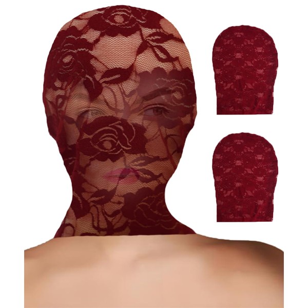 YASOKEZO 2Pcs Womens Red Full Face Lace Mask Masquerade Party