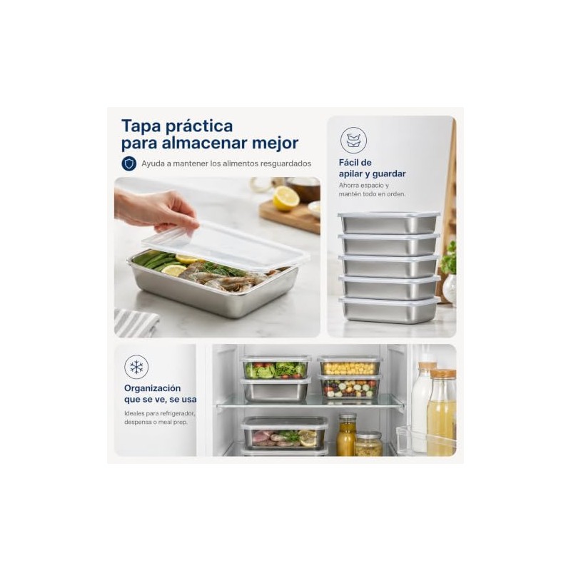 8PCS Recipientes de Acero Inoxidable con Tapas 2100ML, Contenedores para