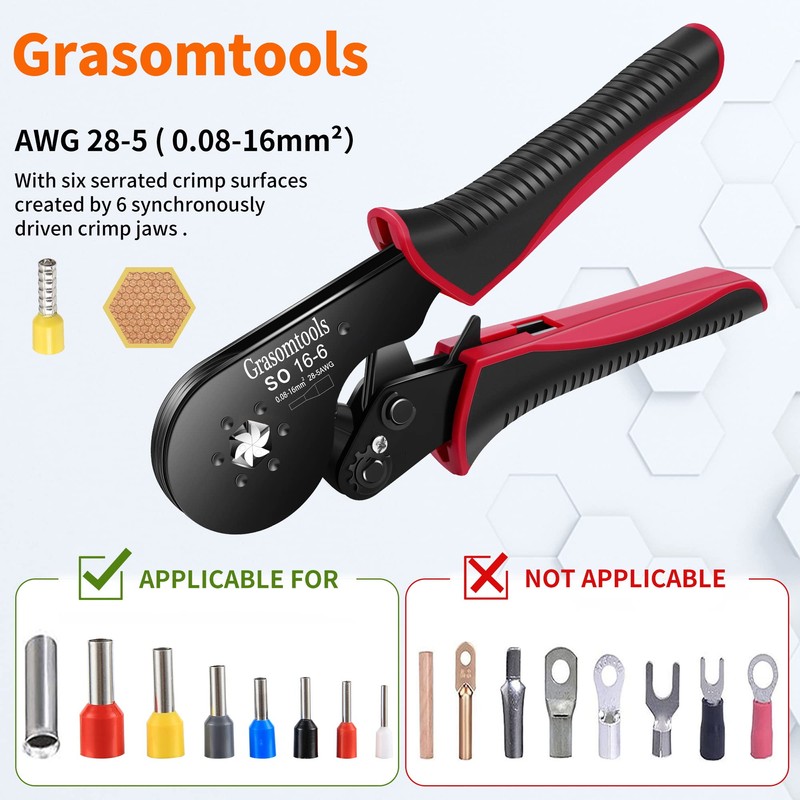 Hexagonal Crimper, Grasomtools SO 16-6 Self-Adjusting Crimping Tool and Hexagonal