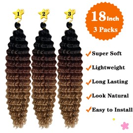 Paraglame Ocean Wave Crochet Hair Ombre Brown Curly Braiding Hair 18 Inch Deep Wave Braiding Hair for Bohemian Knotless Braids Water Wave Braiding Hair for Women (18 Inch, 1B/30/27#)