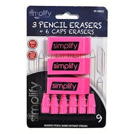 Smarthome Simplify 3 Pink Pencil Erasers and 6 Cap Erasers
