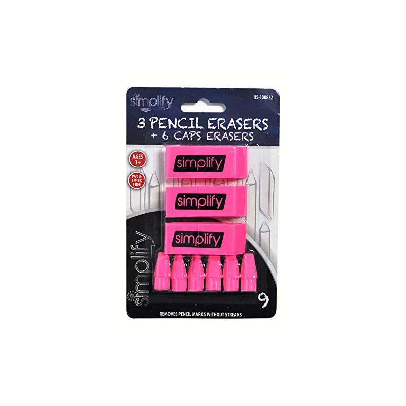 Smarthome Simplify 3 Pink Pencil Erasers and 6 Cap Erasers